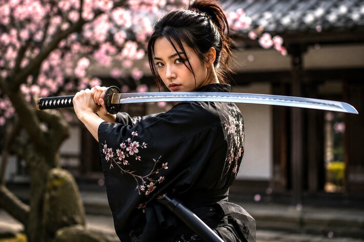 Katana japonais traditionnel tenu par une femme asiatique en kimono